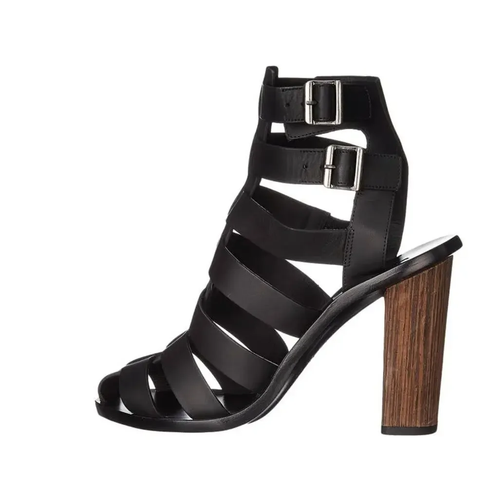 Vince Black Leather Strappy Gladiator Heels 5 Made in Italy Wood Heel